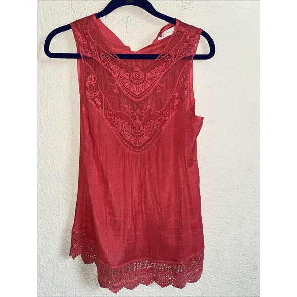 Entro Embroidered Crochet Tunic Ruffle Lace Tank Top Womens M Pink Hippie Boho - Picture 1 of 11